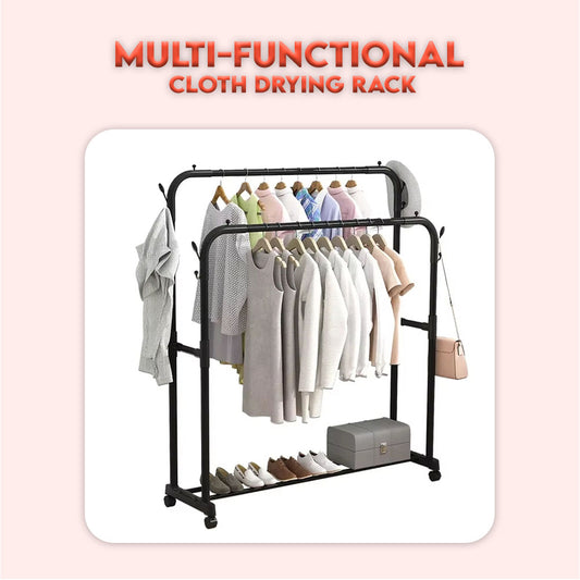 Double Pole Metal Cloth Stand With wheels