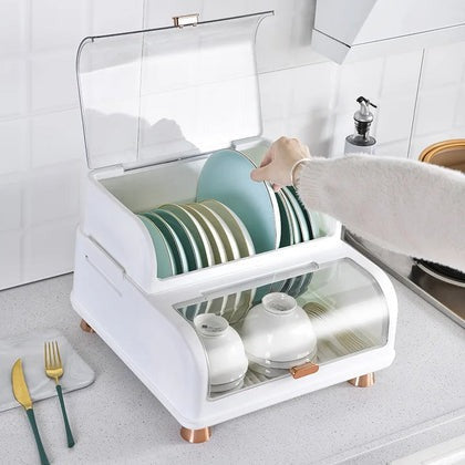 Kitchen Double Layer Dish Rack With Lid